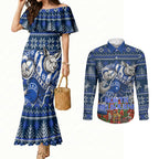 Personalized North Melbourne Football Christmas Couples Matching Mermaid Dress and Long Sleeve Button Shirt Australian Football Mascot - Ugly Xmas Pattern Festive