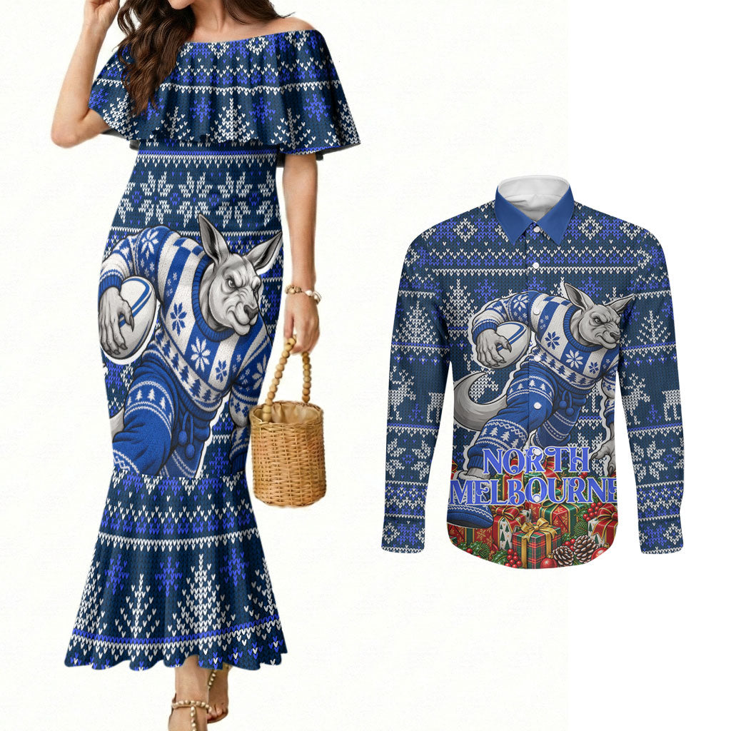 Personalized North Melbourne Football Christmas Couples Matching Mermaid Dress and Long Sleeve Button Shirt Australian Football Mascot - Ugly Xmas Pattern Festive