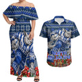 Personalized North Melbourne Football Christmas Couples Matching Off Shoulder Maxi Dress and Hawaiian Shirt Australian Football Mascot - Ugly Xmas Pattern Festive