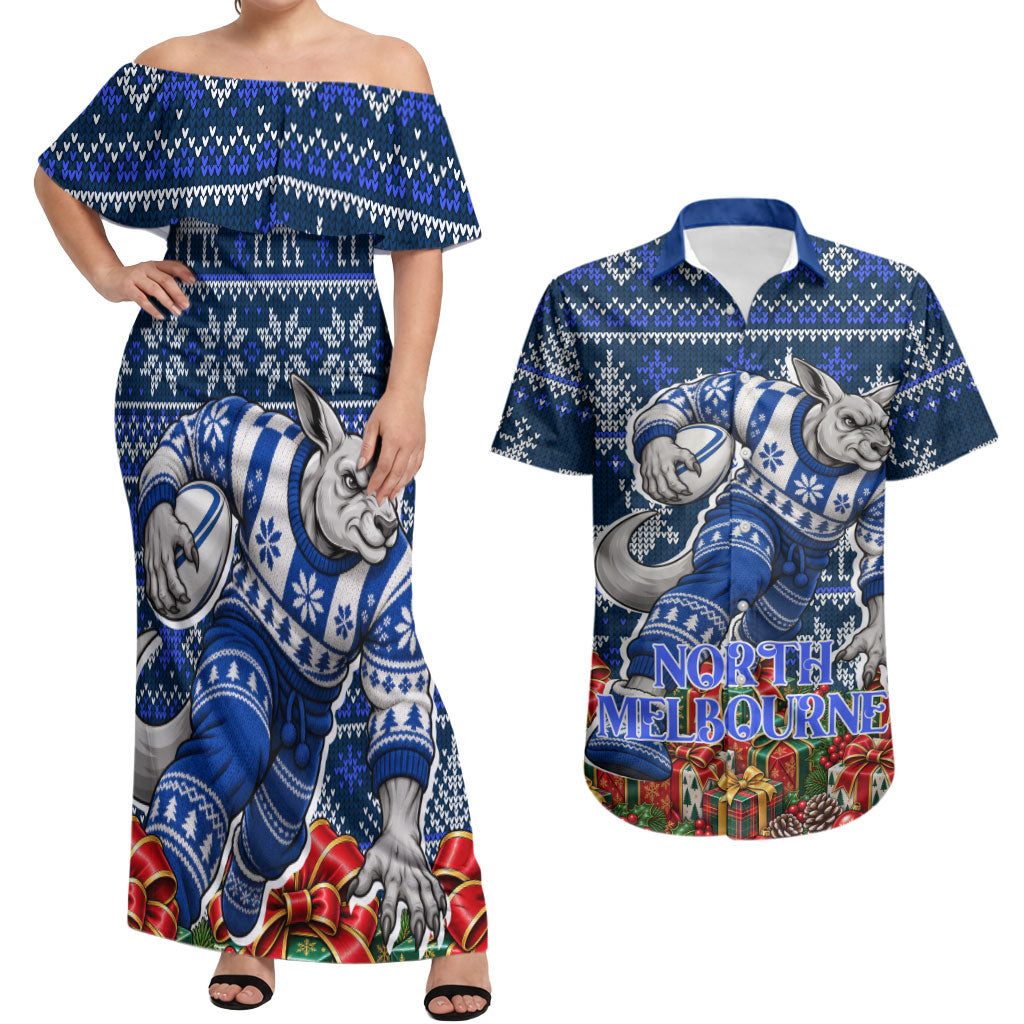 Personalized North Melbourne Football Christmas Couples Matching Off Shoulder Maxi Dress and Hawaiian Shirt Australian Football Mascot - Ugly Xmas Pattern Festive