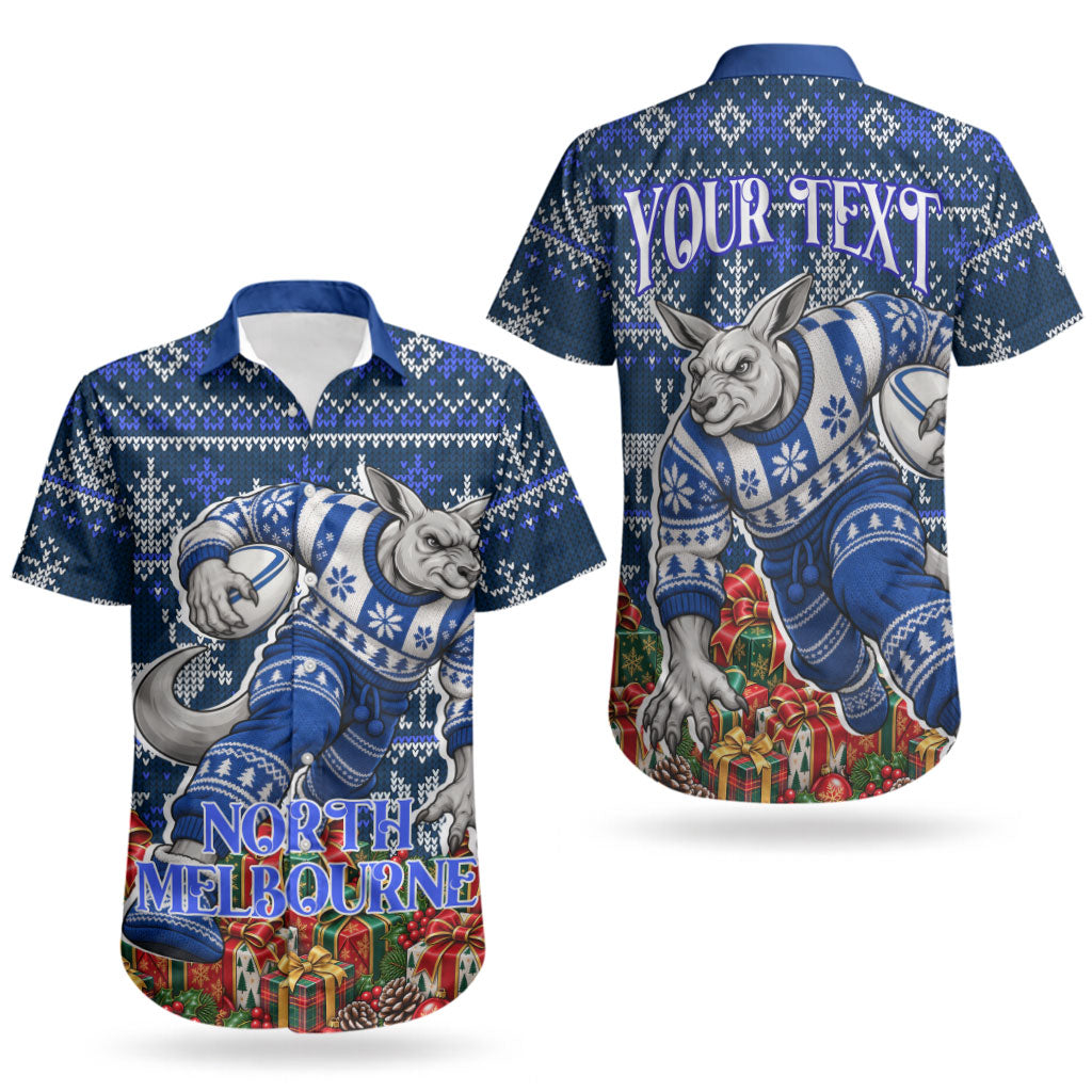 Personalized North Melbourne Football Christmas Couples Matching Off Shoulder Maxi Dress and Hawaiian Shirt Australian Football Mascot - Ugly Xmas Pattern Festive