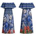 Personalized North Melbourne Football Christmas Couples Matching Off Shoulder Maxi Dress and Hawaiian Shirt Australian Football Mascot - Ugly Xmas Pattern Festive