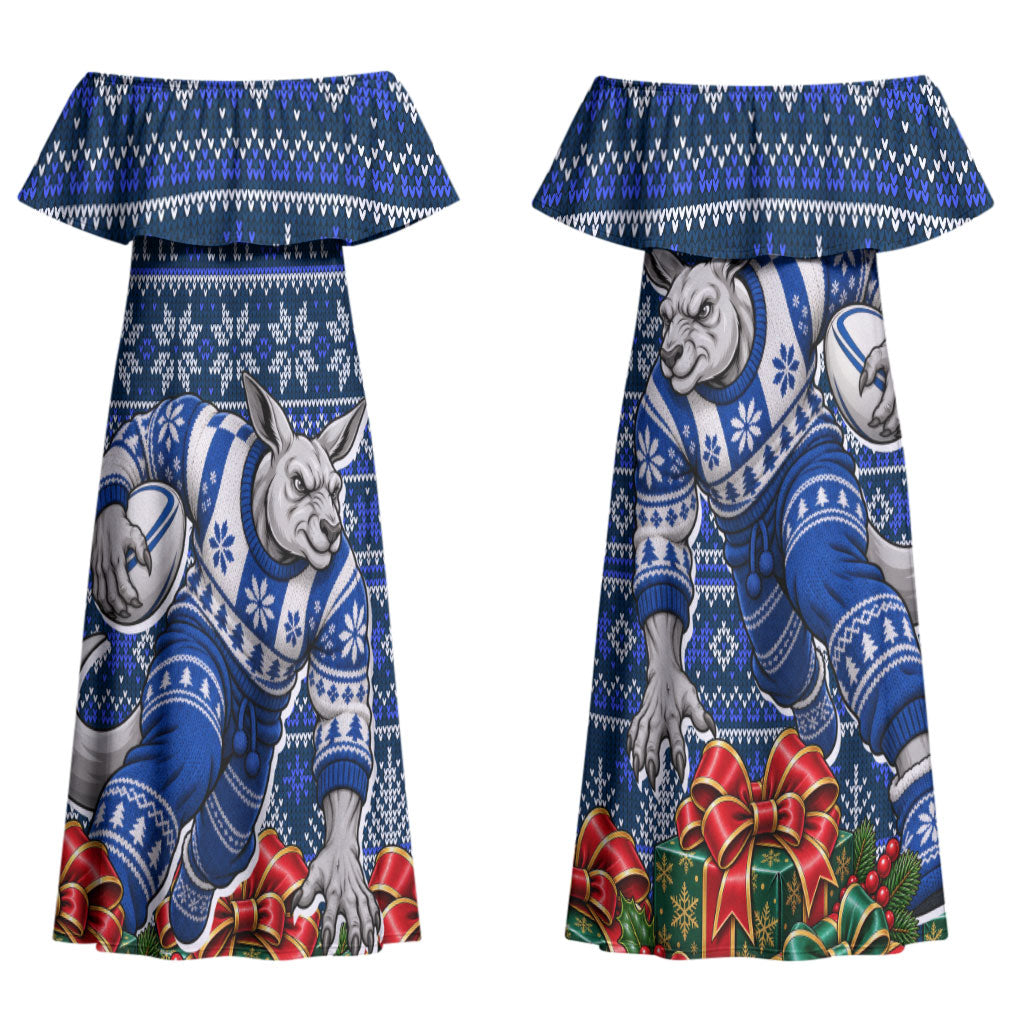 Personalized North Melbourne Football Christmas Couples Matching Off Shoulder Maxi Dress and Hawaiian Shirt Australian Football Mascot - Ugly Xmas Pattern Festive