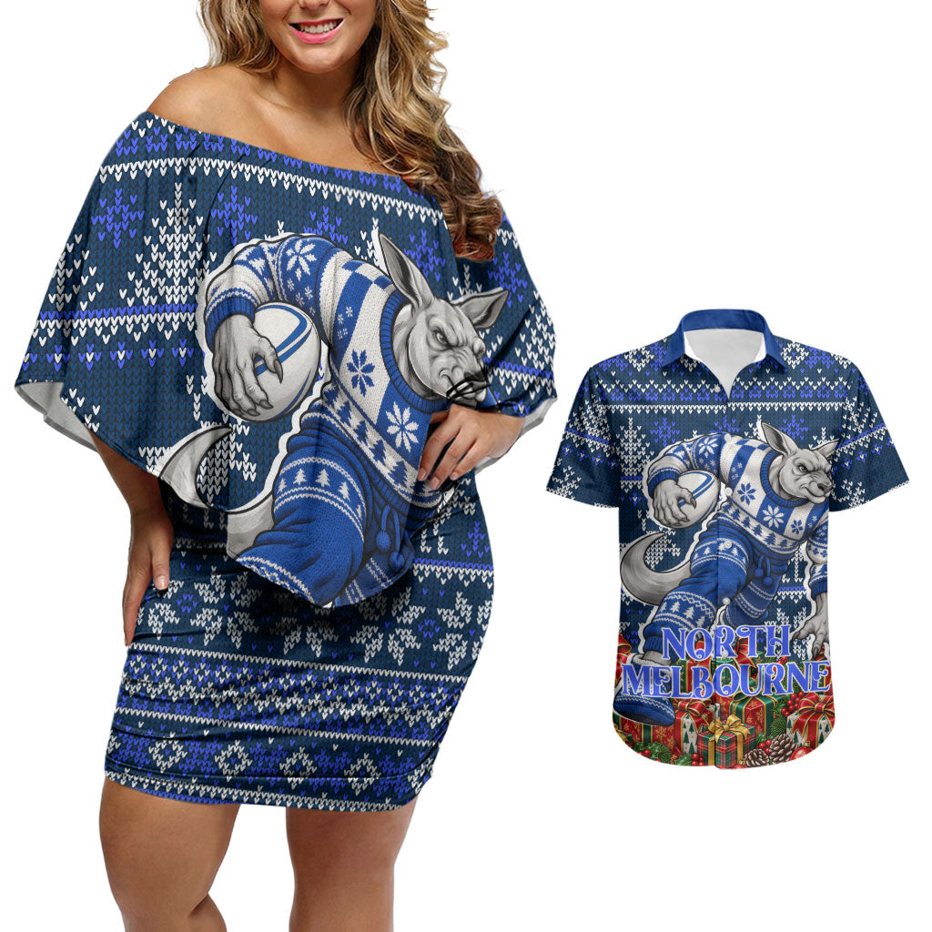 Personalized North Melbourne Football Christmas Couples Matching Off Shoulder Short Dress and Hawaiian Shirt Australian Football Mascot - Ugly Xmas Pattern Festive