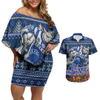 Personalized North Melbourne Football Christmas Couples Matching Off Shoulder Short Dress and Hawaiian Shirt Australian Football Mascot - Ugly Xmas Pattern Festive