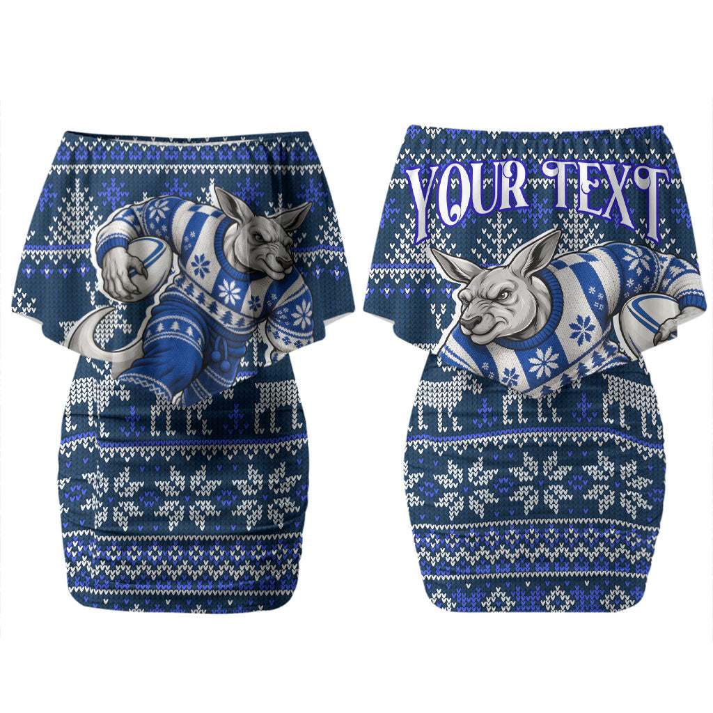 Personalized North Melbourne Football Christmas Couples Matching Off Shoulder Short Dress and Hawaiian Shirt Australian Football Mascot - Ugly Xmas Pattern Festive