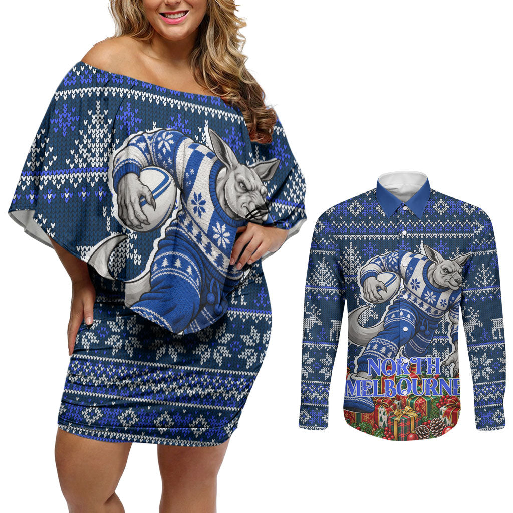 Personalized North Melbourne Football Christmas Couples Matching Off Shoulder Short Dress and Long Sleeve Button Shirt Australian Football Mascot - Ugly Xmas Pattern Festive