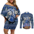 Personalized North Melbourne Football Christmas Couples Matching Off Shoulder Short Dress and Long Sleeve Button Shirt Australian Football Mascot - Ugly Xmas Pattern Festive