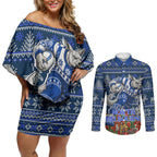 Personalized North Melbourne Football Christmas Couples Matching Off Shoulder Short Dress and Long Sleeve Button Shirt Australian Football Mascot - Ugly Xmas Pattern Festive