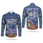 Personalized North Melbourne Football Christmas Couples Matching Off Shoulder Short Dress and Long Sleeve Button Shirt Australian Football Mascot - Ugly Xmas Pattern Festive