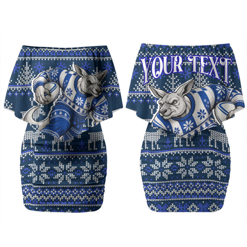 Personalized North Melbourne Football Christmas Couples Matching Off Shoulder Short Dress and Long Sleeve Button Shirt Australian Football Mascot - Ugly Xmas Pattern Festive