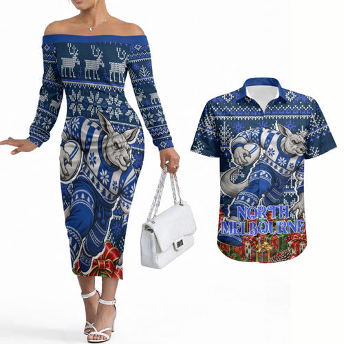 Personalized North Melbourne Football Christmas Couples Matching Off The Shoulder Long Sleeve Dress and Hawaiian Shirt Australian Football Mascot - Ugly Xmas Pattern Festive