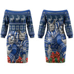 Personalized North Melbourne Football Christmas Couples Matching Off The Shoulder Long Sleeve Dress and Hawaiian Shirt Australian Football Mascot - Ugly Xmas Pattern Festive