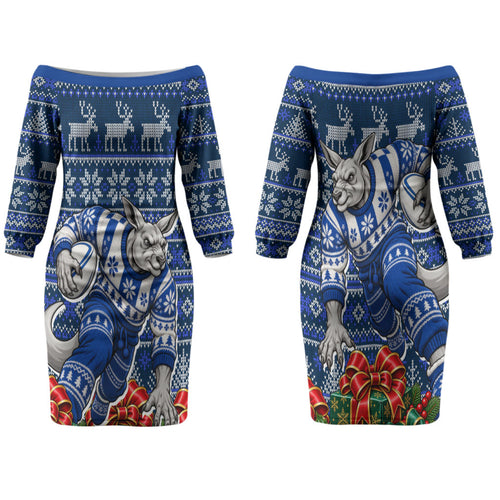 Personalized North Melbourne Football Christmas Couples Matching Off The Shoulder Long Sleeve Dress and Hawaiian Shirt Australian Football Mascot - Ugly Xmas Pattern Festive
