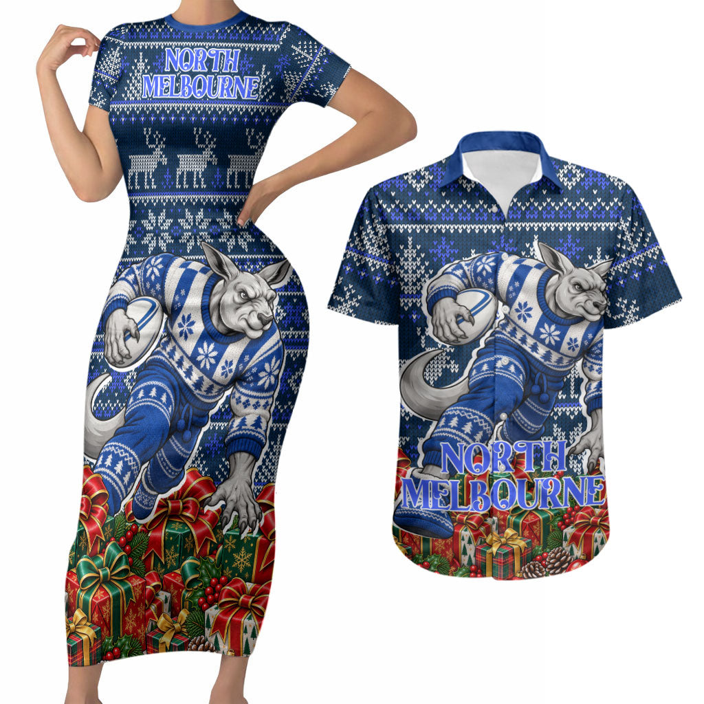 Personalized North Melbourne Football Christmas Couples Matching Short Sleeve Bodycon Dress and Hawaiian Shirt Australian Football Mascot - Ugly Xmas Pattern Festive