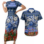 Personalized North Melbourne Football Christmas Couples Matching Short Sleeve Bodycon Dress and Hawaiian Shirt Australian Football Mascot - Ugly Xmas Pattern Festive