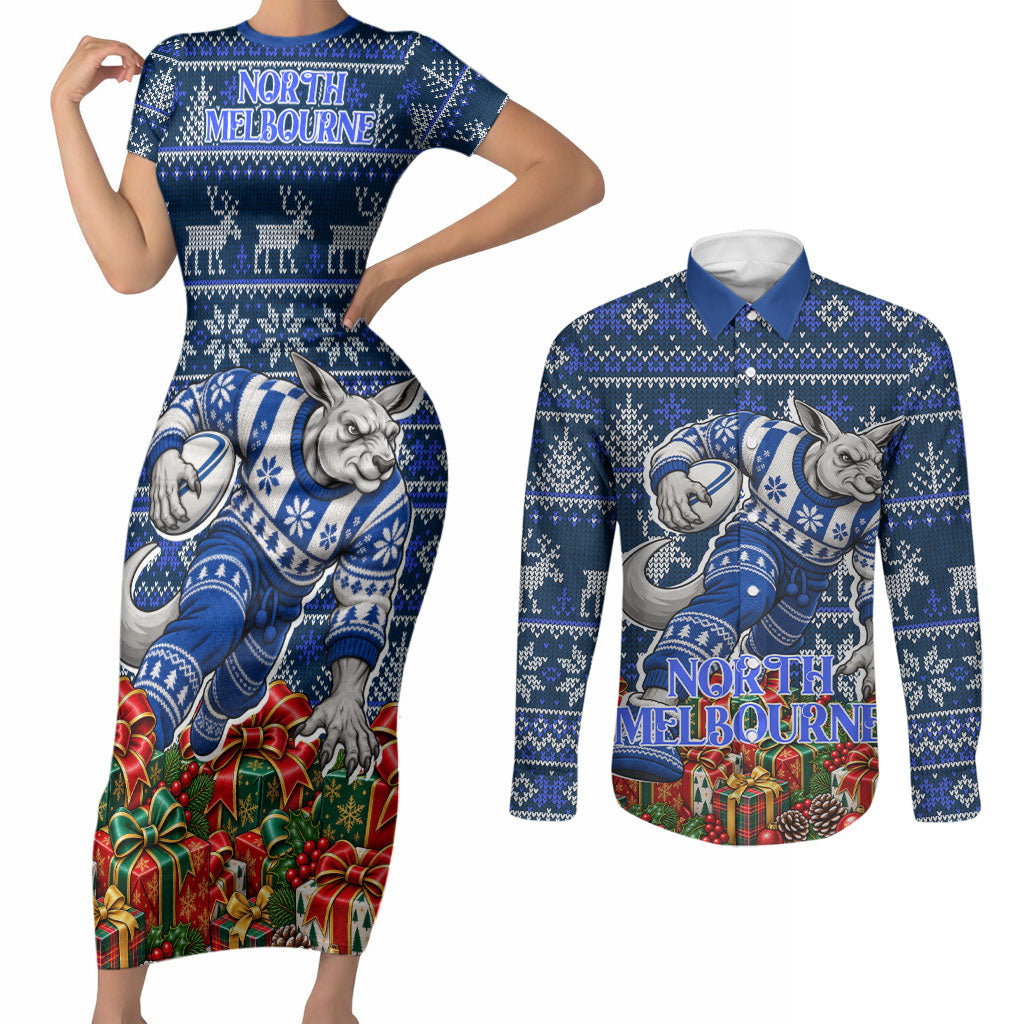 Personalized North Melbourne Football Christmas Couples Matching Short Sleeve Bodycon Dress and Long Sleeve Button Shirt Australian Football Mascot - Ugly Xmas Pattern Festive