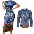 Personalized North Melbourne Football Christmas Couples Matching Short Sleeve Bodycon Dress and Long Sleeve Button Shirt Australian Football Mascot - Ugly Xmas Pattern Festive