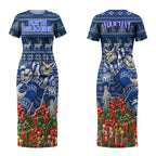 Personalized North Melbourne Football Christmas Couples Matching Short Sleeve Bodycon Dress and Long Sleeve Button Shirt Australian Football Mascot - Ugly Xmas Pattern Festive
