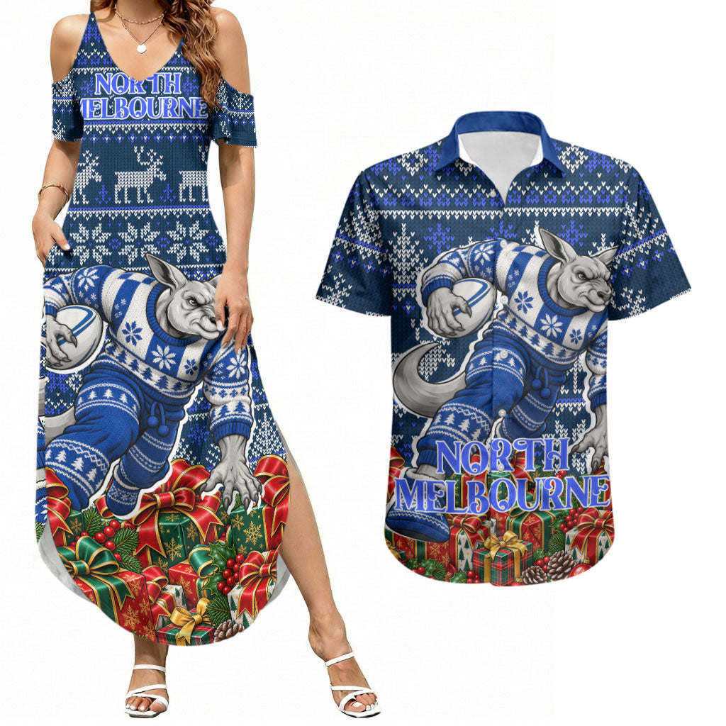 Personalized North Melbourne Football Christmas Couples Matching Summer Maxi Dress and Hawaiian Shirt Australian Football Mascot - Ugly Xmas Pattern Festive