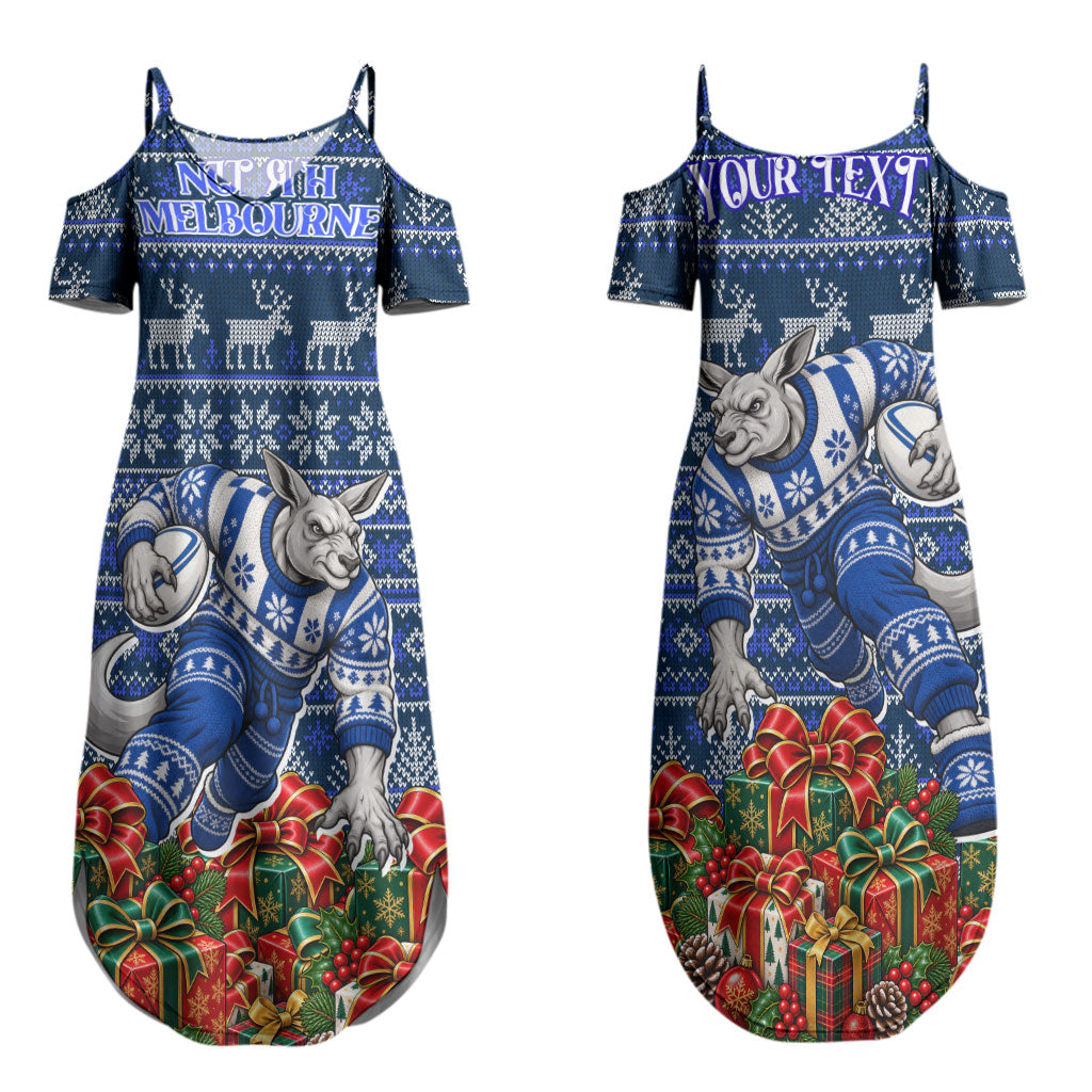 Personalized North Melbourne Football Christmas Couples Matching Summer Maxi Dress and Hawaiian Shirt Australian Football Mascot - Ugly Xmas Pattern Festive