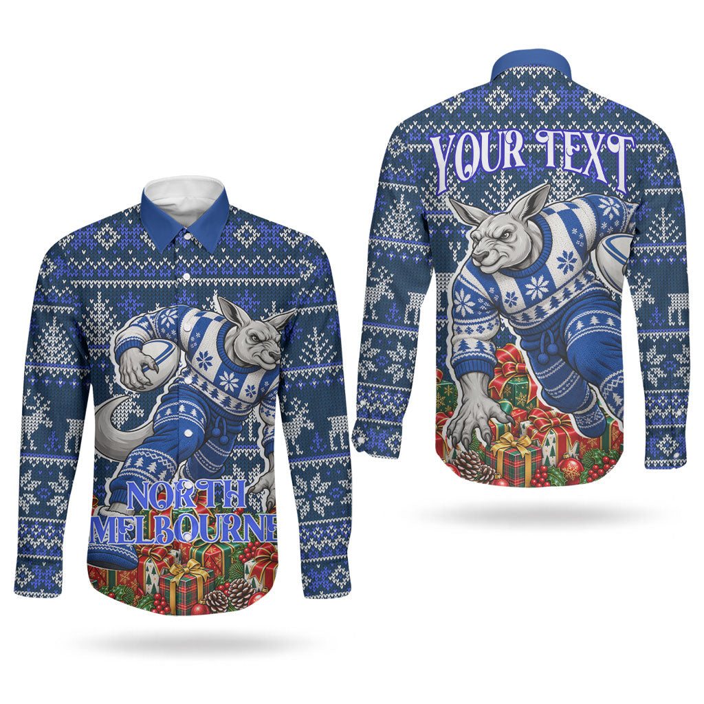 Personalized North Melbourne Football Christmas Couples Matching Tank Maxi Dress and Long Sleeve Button Shirt Australian Football Mascot - Ugly Xmas Pattern Festive