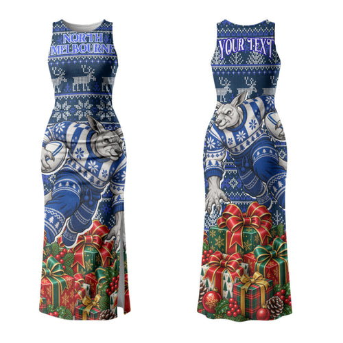 Personalized North Melbourne Football Christmas Couples Matching Tank Maxi Dress and Long Sleeve Button Shirt Australian Football Mascot - Ugly Xmas Pattern Festive