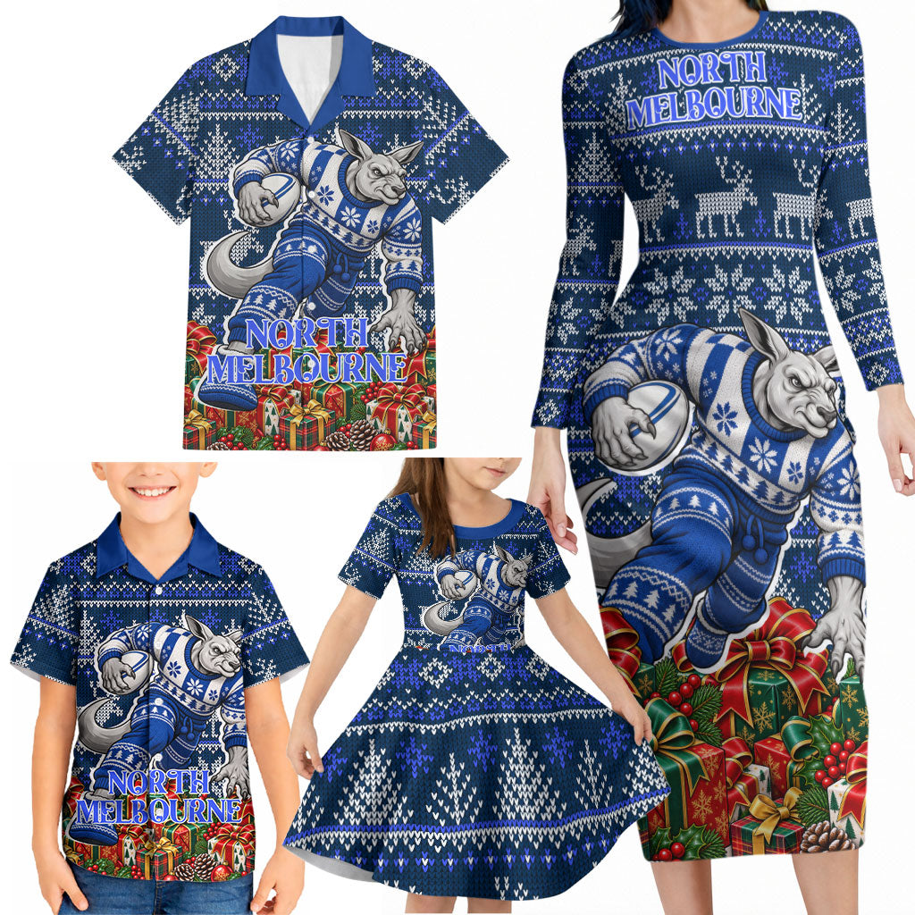 Personalized North Melbourne Football Christmas Family Matching Long Sleeve Bodycon Dress and Hawaiian Shirt Australian Football Mascot - Ugly Xmas Pattern Festive