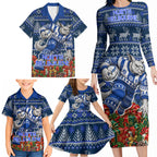 Personalized North Melbourne Football Christmas Family Matching Long Sleeve Bodycon Dress and Hawaiian Shirt Australian Football Mascot - Ugly Xmas Pattern Festive