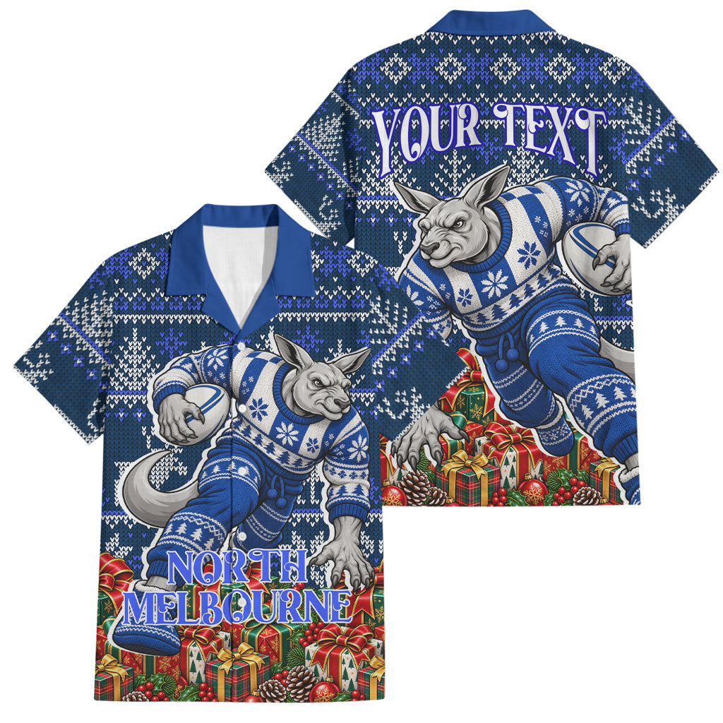 Personalized North Melbourne Football Christmas Family Matching Long Sleeve Bodycon Dress and Hawaiian Shirt Australian Football Mascot - Ugly Xmas Pattern Festive
