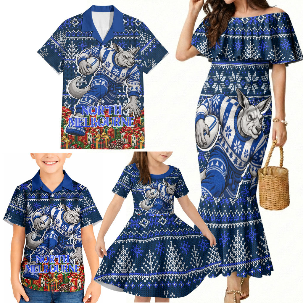 Personalized North Melbourne Football Christmas Family Matching Mermaid Dress and Hawaiian Shirt Australian Football Mascot - Ugly Xmas Pattern Festive