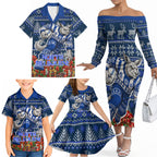 Personalized North Melbourne Football Christmas Family Matching Off The Shoulder Long Sleeve Dress and Hawaiian Shirt Australian Football Mascot - Ugly Xmas Pattern Festive
