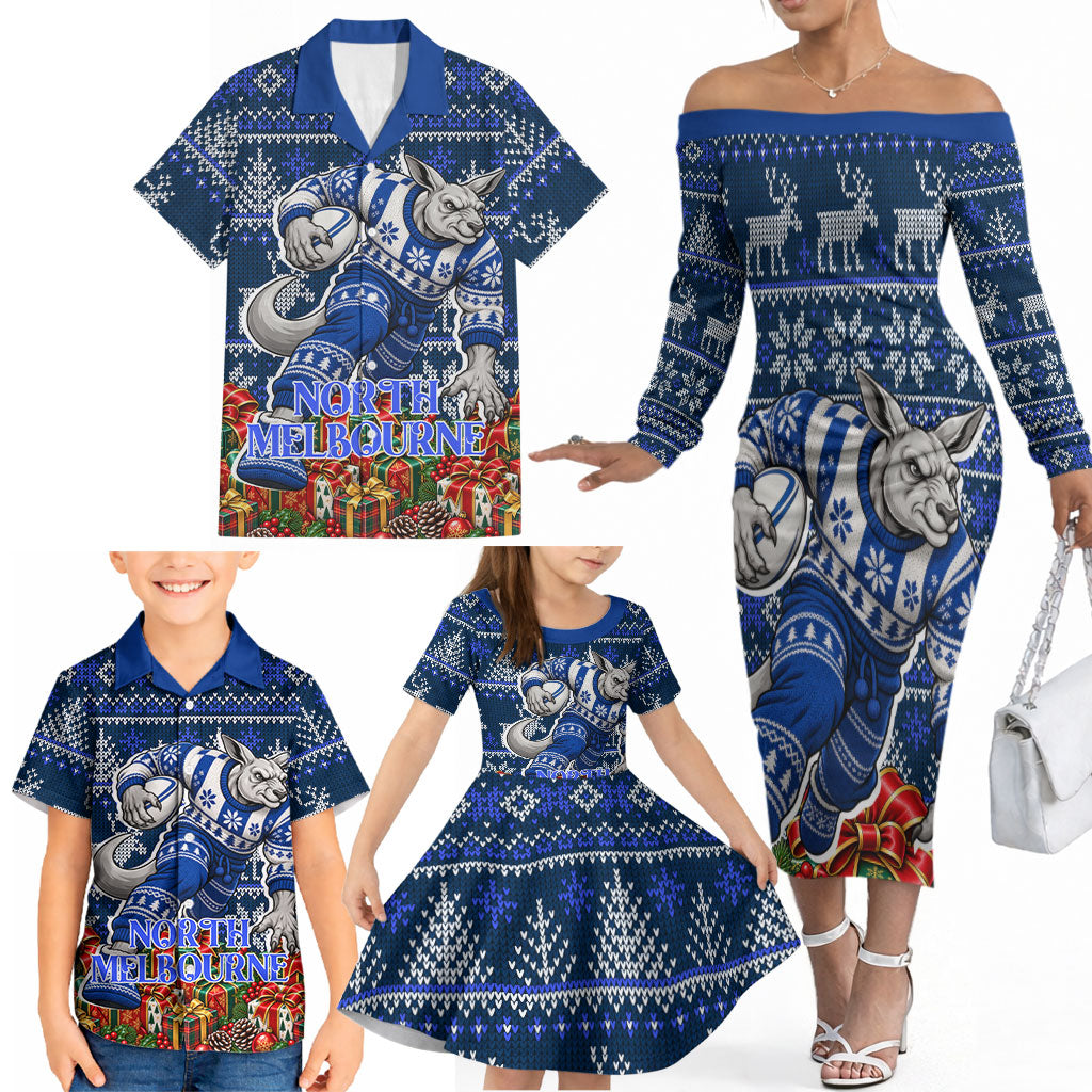 Personalized North Melbourne Football Christmas Family Matching Off The Shoulder Long Sleeve Dress and Hawaiian Shirt Australian Football Mascot - Ugly Xmas Pattern Festive