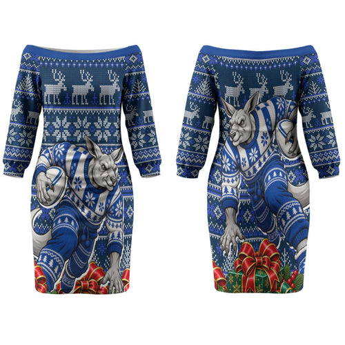 Personalized North Melbourne Football Christmas Family Matching Off The Shoulder Long Sleeve Dress and Hawaiian Shirt Australian Football Mascot - Ugly Xmas Pattern Festive