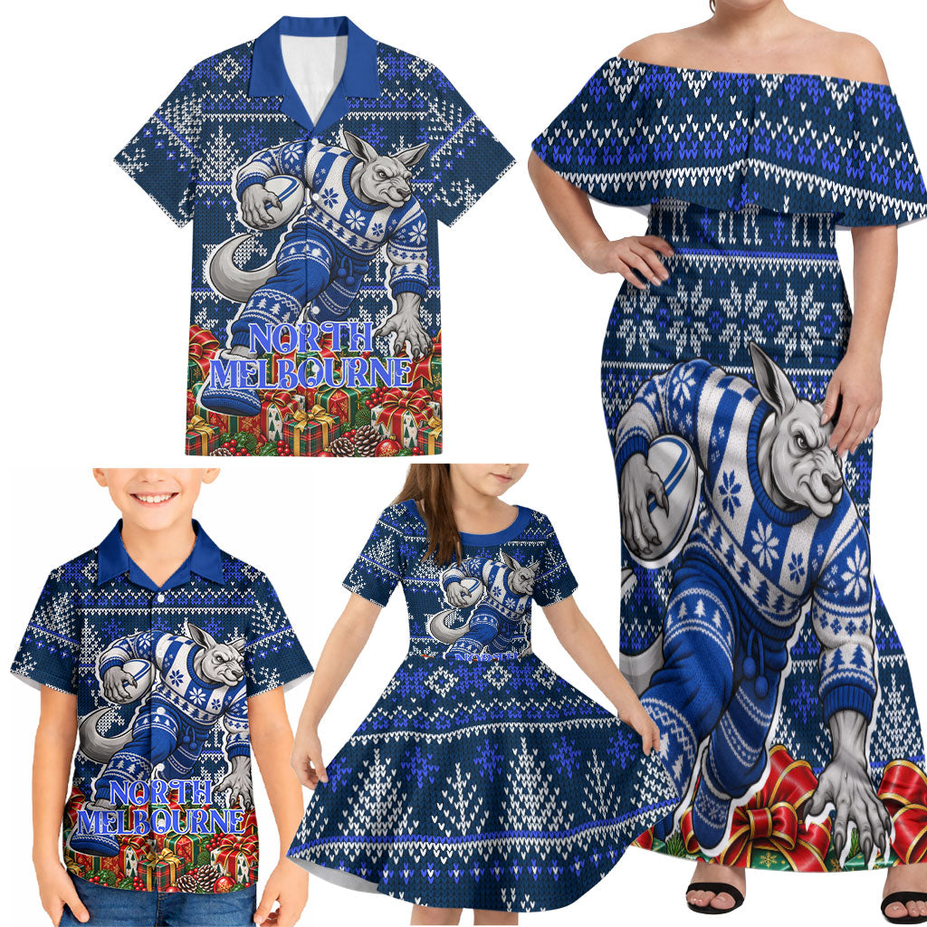 Personalized North Melbourne Football Christmas Family Matching Off Shoulder Maxi Dress and Hawaiian Shirt Australian Football Mascot - Ugly Xmas Pattern Festive