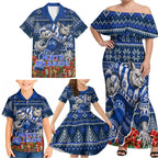 Personalized North Melbourne Football Christmas Family Matching Off Shoulder Maxi Dress and Hawaiian Shirt Australian Football Mascot - Ugly Xmas Pattern Festive