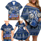 Personalized North Melbourne Football Christmas Family Matching Off Shoulder Short Dress and Hawaiian Shirt Australian Football Mascot - Ugly Xmas Pattern Festive