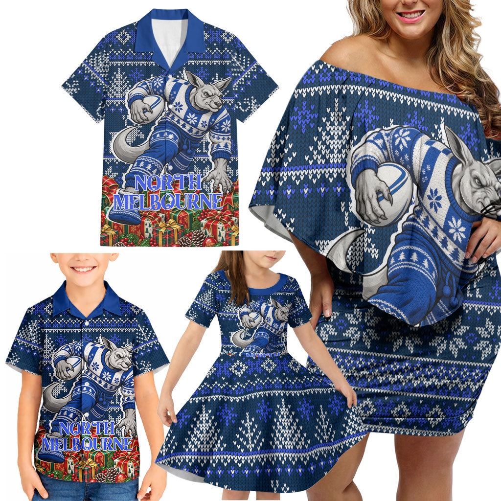 Personalized North Melbourne Football Christmas Family Matching Off Shoulder Short Dress and Hawaiian Shirt Australian Football Mascot - Ugly Xmas Pattern Festive