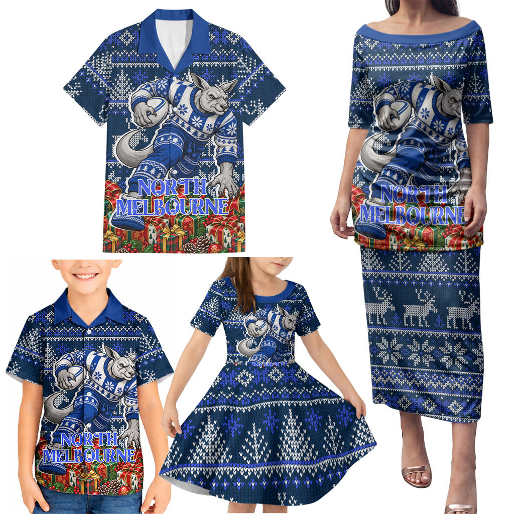 Personalized North Melbourne Football Christmas Family Matching Puletasi and Hawaiian Shirt Australian Football Mascot - Ugly Xmas Pattern Festive