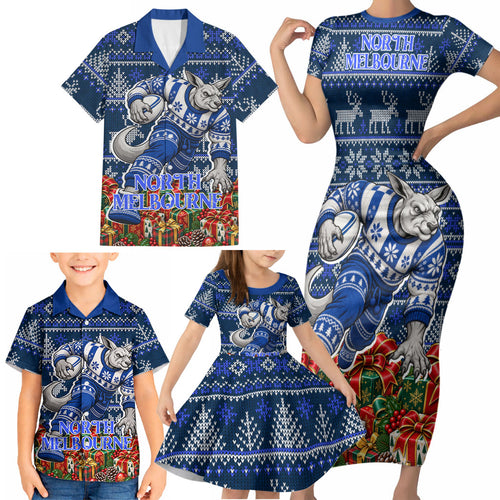 Personalized North Melbourne Football Christmas Family Matching Short Sleeve Bodycon Dress and Hawaiian Shirt Australian Football Mascot - Ugly Xmas Pattern Festive