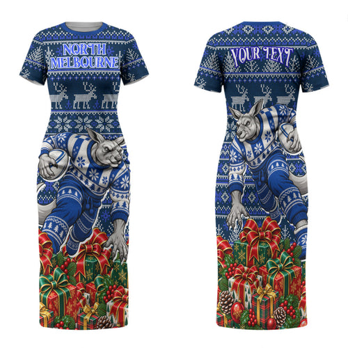 Personalized North Melbourne Football Christmas Family Matching Short Sleeve Bodycon Dress and Hawaiian Shirt Australian Football Mascot - Ugly Xmas Pattern Festive