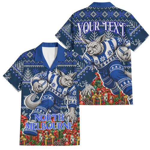 Personalized North Melbourne Football Christmas Family Matching Short Sleeve Bodycon Dress and Hawaiian Shirt Australian Football Mascot - Ugly Xmas Pattern Festive