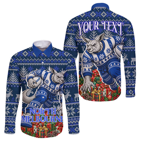 Personalized North Melbourne Football Christmas Family Matching Short Sleeve Bodycon Dress and Hawaiian Shirt Australian Football Mascot - Ugly Xmas Pattern Festive