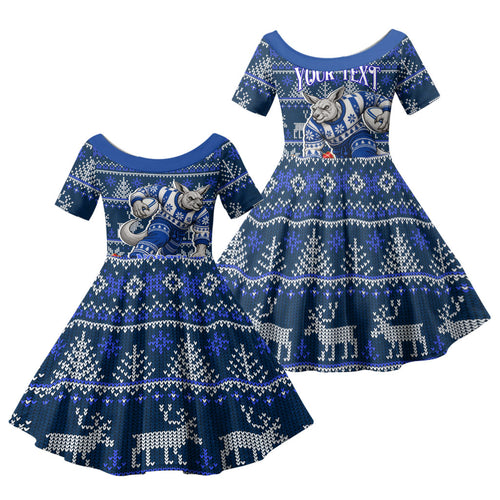 Personalized North Melbourne Football Christmas Family Matching Short Sleeve Bodycon Dress and Hawaiian Shirt Australian Football Mascot - Ugly Xmas Pattern Festive