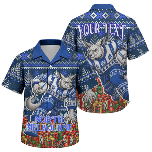 Personalized North Melbourne Football Christmas Family Matching Short Sleeve Bodycon Dress and Hawaiian Shirt Australian Football Mascot - Ugly Xmas Pattern Festive