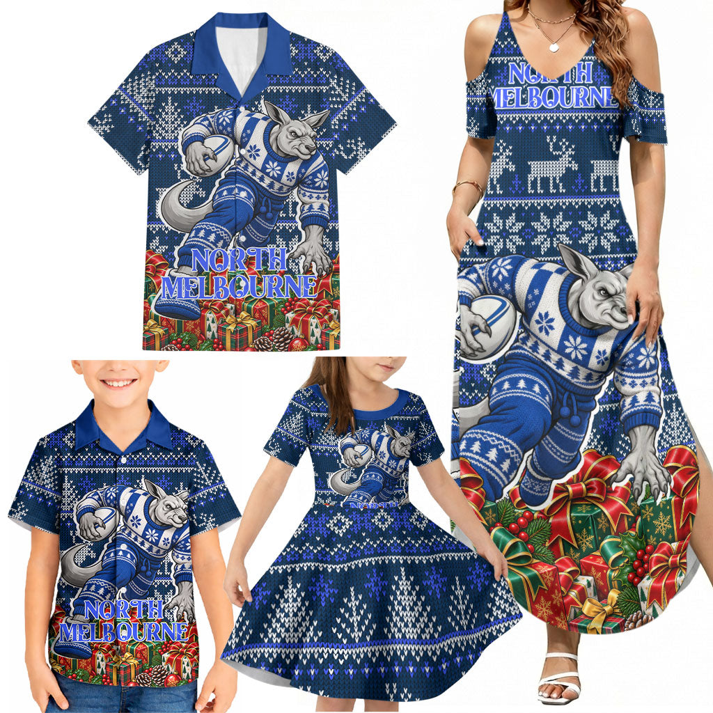Personalized North Melbourne Football Christmas Family Matching Summer Maxi Dress and Hawaiian Shirt Australian Football Mascot - Ugly Xmas Pattern Festive