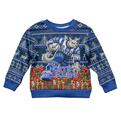 Personalized North Melbourne Football Christmas Kid Ugly Christmas Sweater Australian Football Mascot - Ugly Xmas Pattern Festive