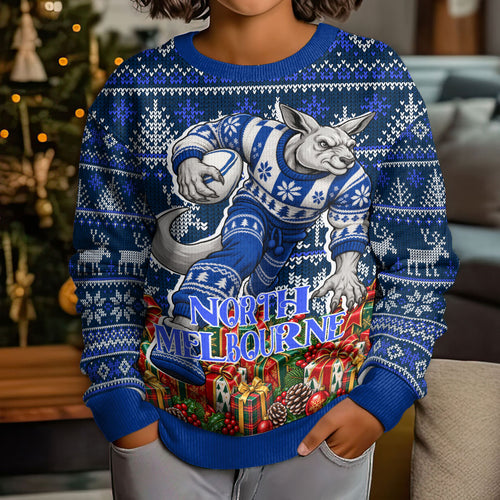 Personalized North Melbourne Football Christmas Kid Ugly Christmas Sweater Australian Football Mascot - Ugly Xmas Pattern Festive