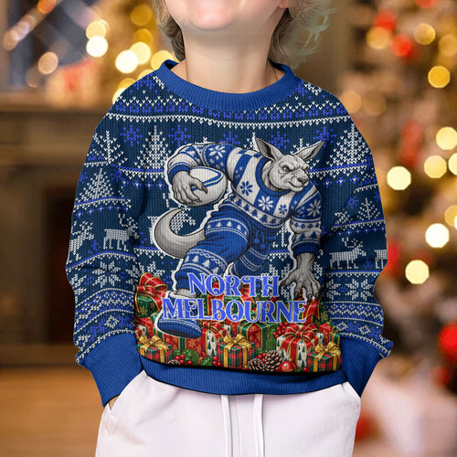 Personalized North Melbourne Football Christmas Kid Ugly Christmas Sweater Australian Football Mascot - Ugly Xmas Pattern Festive