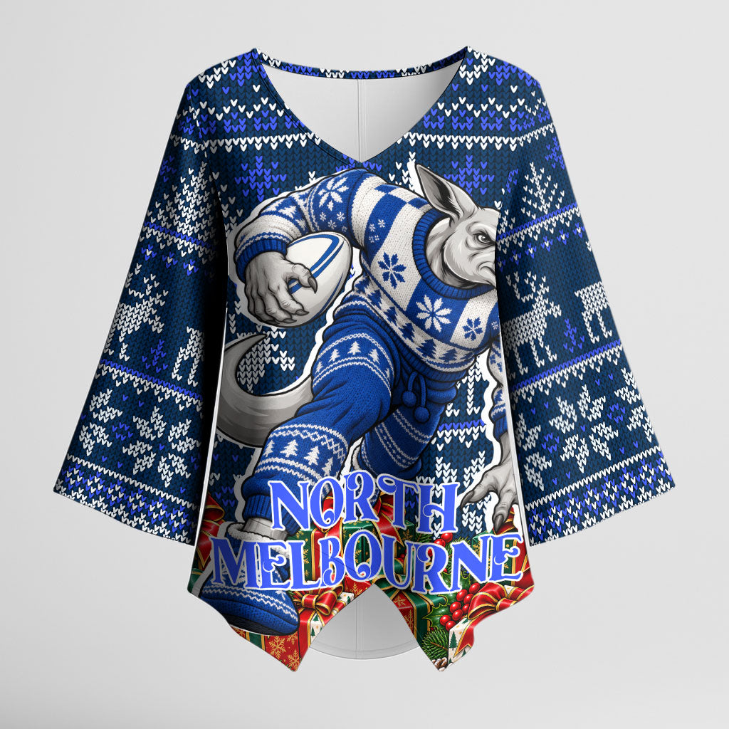 Personalized North Melbourne Football Christmas Kimono Sleeve Blouse Australian Football Mascot - Ugly Xmas Pattern Festive